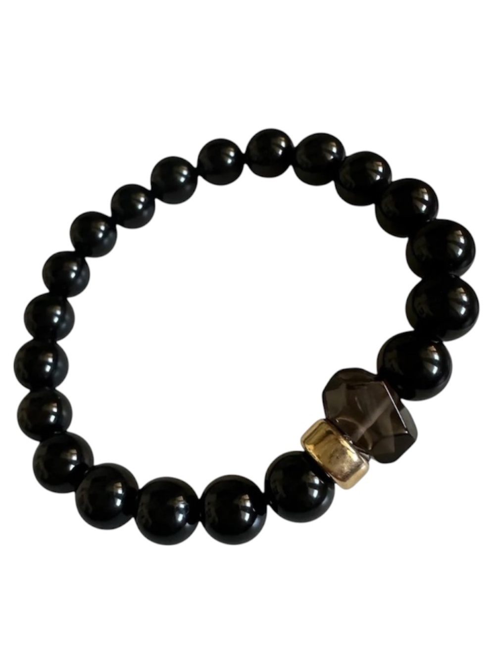 CLASSIC 8mm Onyx Smokey Quartz Stretch Bracelet Black Gold Brown 6–7” Wrist